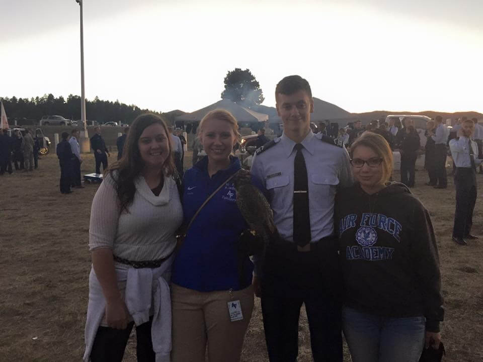 Me, my brother and his friend with a falcon and Marissa at the Air Force Academy Parents weekend